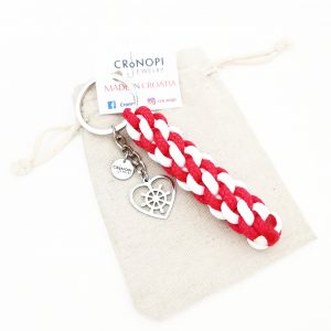 Red and white braided round rope keychain