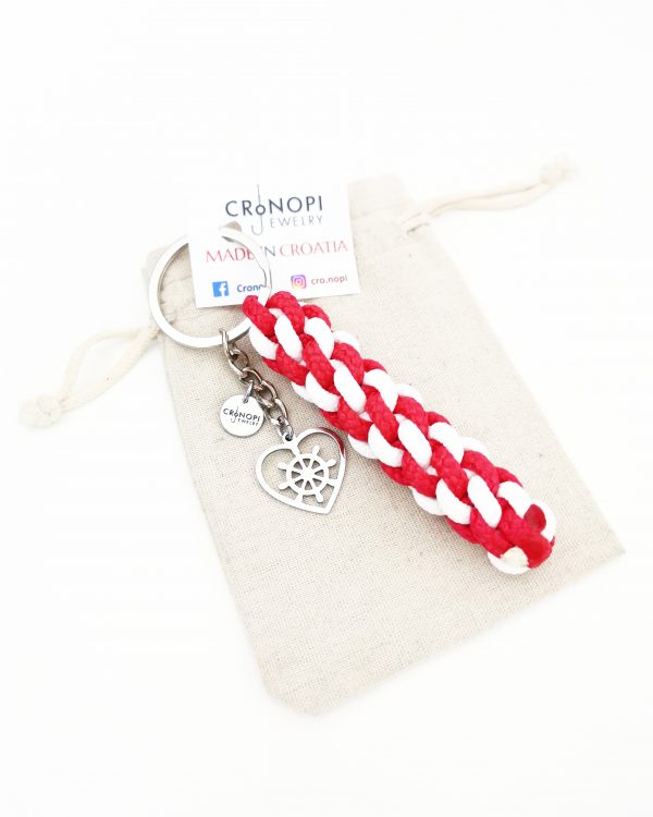 Red and white braided round rope keychain